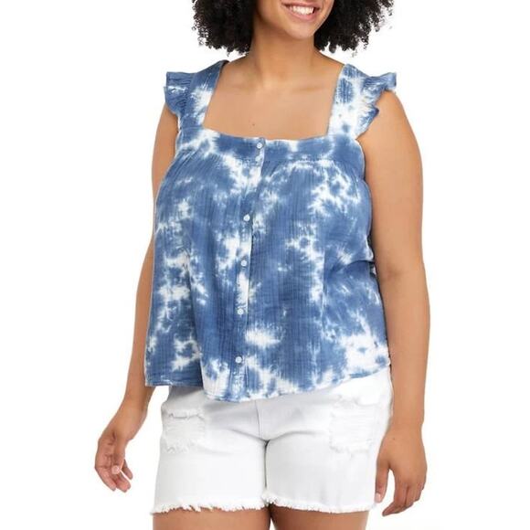 True Craft Blue + White Tie Dye Square Neck Ruffle Sleeve Tank Top - 1X - Picture 1 of 9